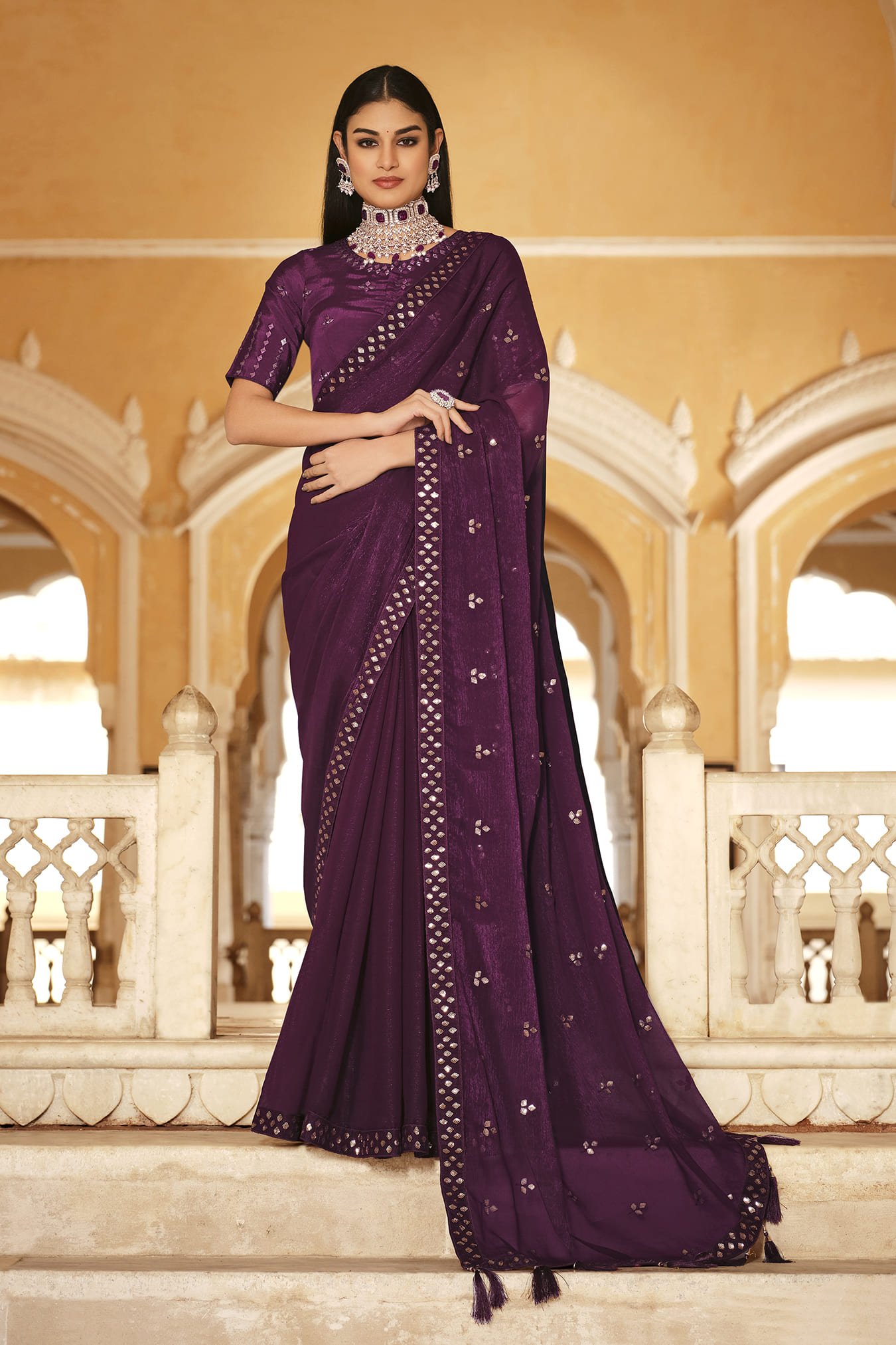 Chinon Saree With Matching Blouse And Sequins-Thread Embroidery