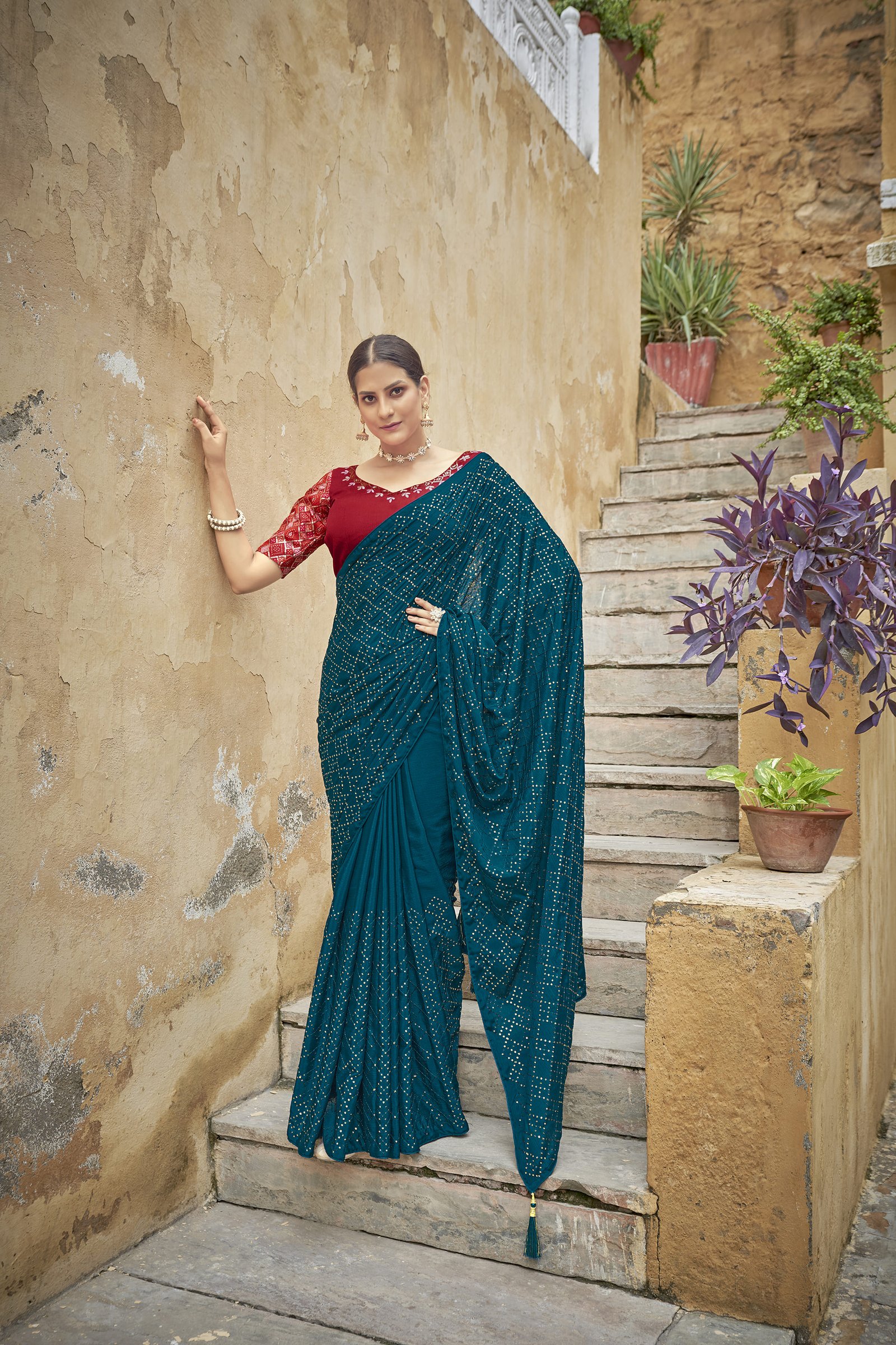 TRENDY SEQUINS WORK ON  CHINON FABRIC SAREE
