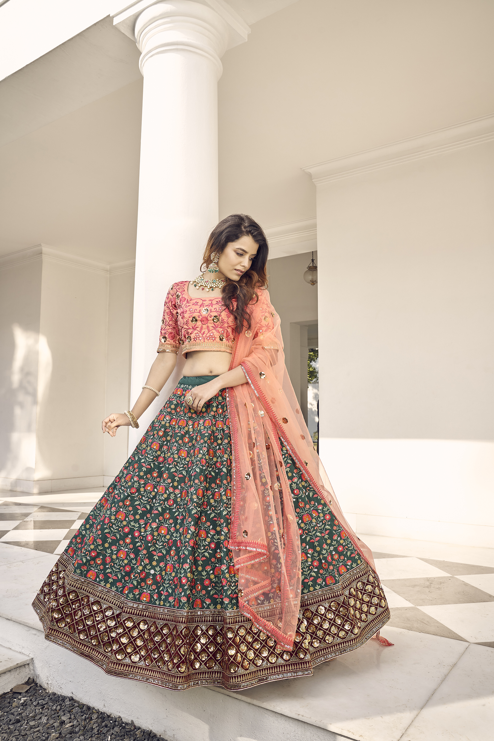 Green art silk thread work lehenga choli