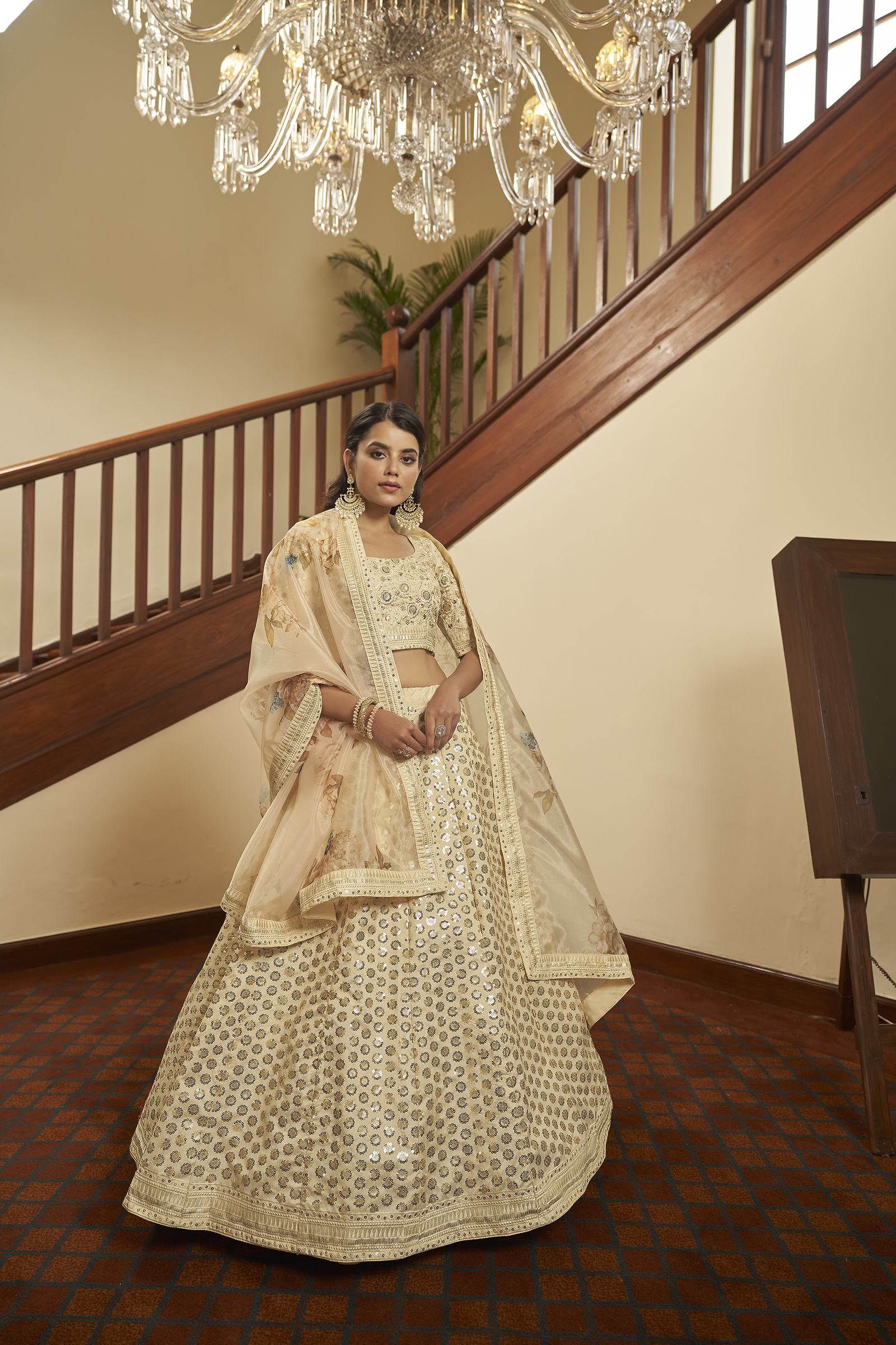 Embroidered Art Silk Lehenga in Beige
