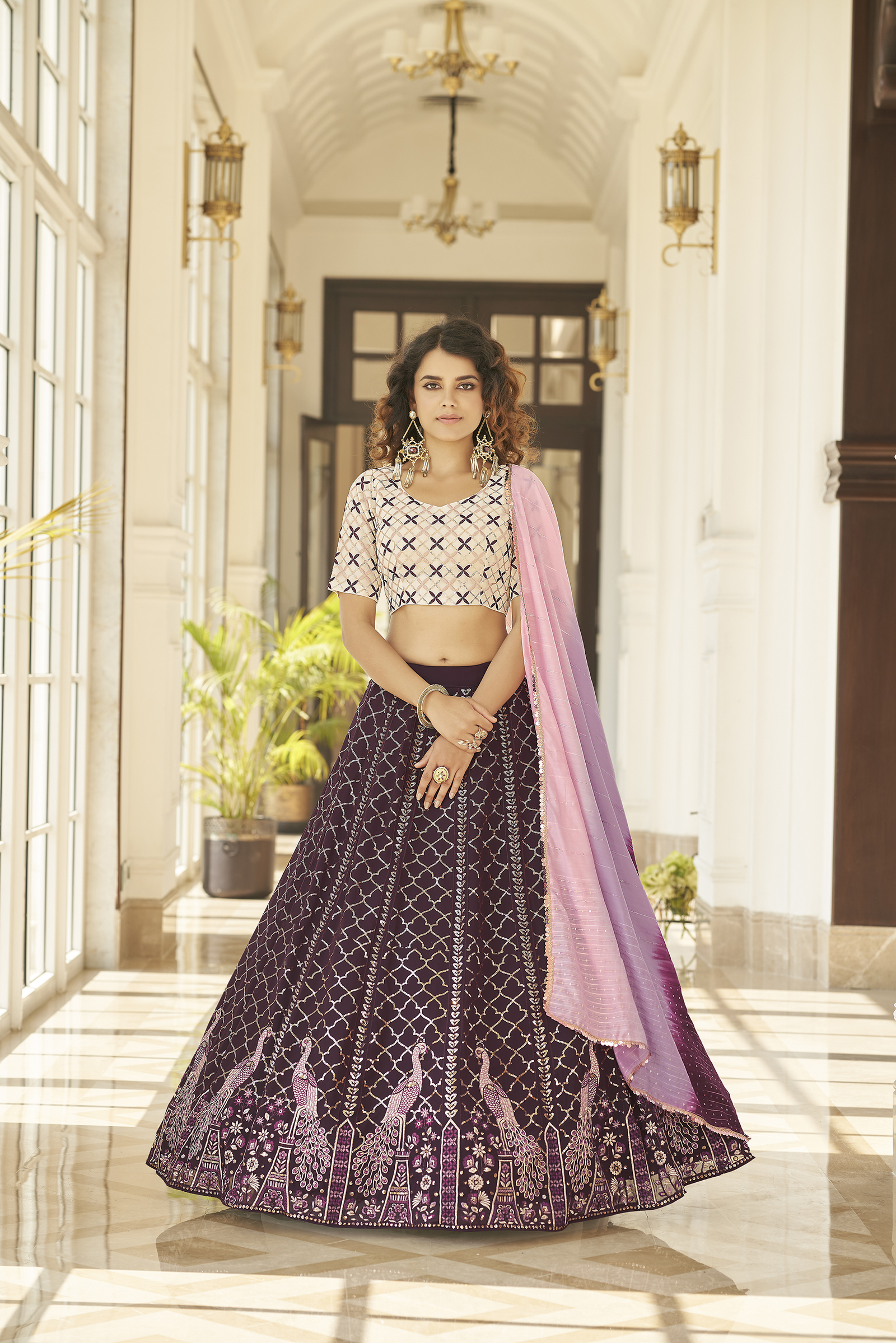 Dazzling Purple Georgette Thread Embroidered Lehenga With Dupatta