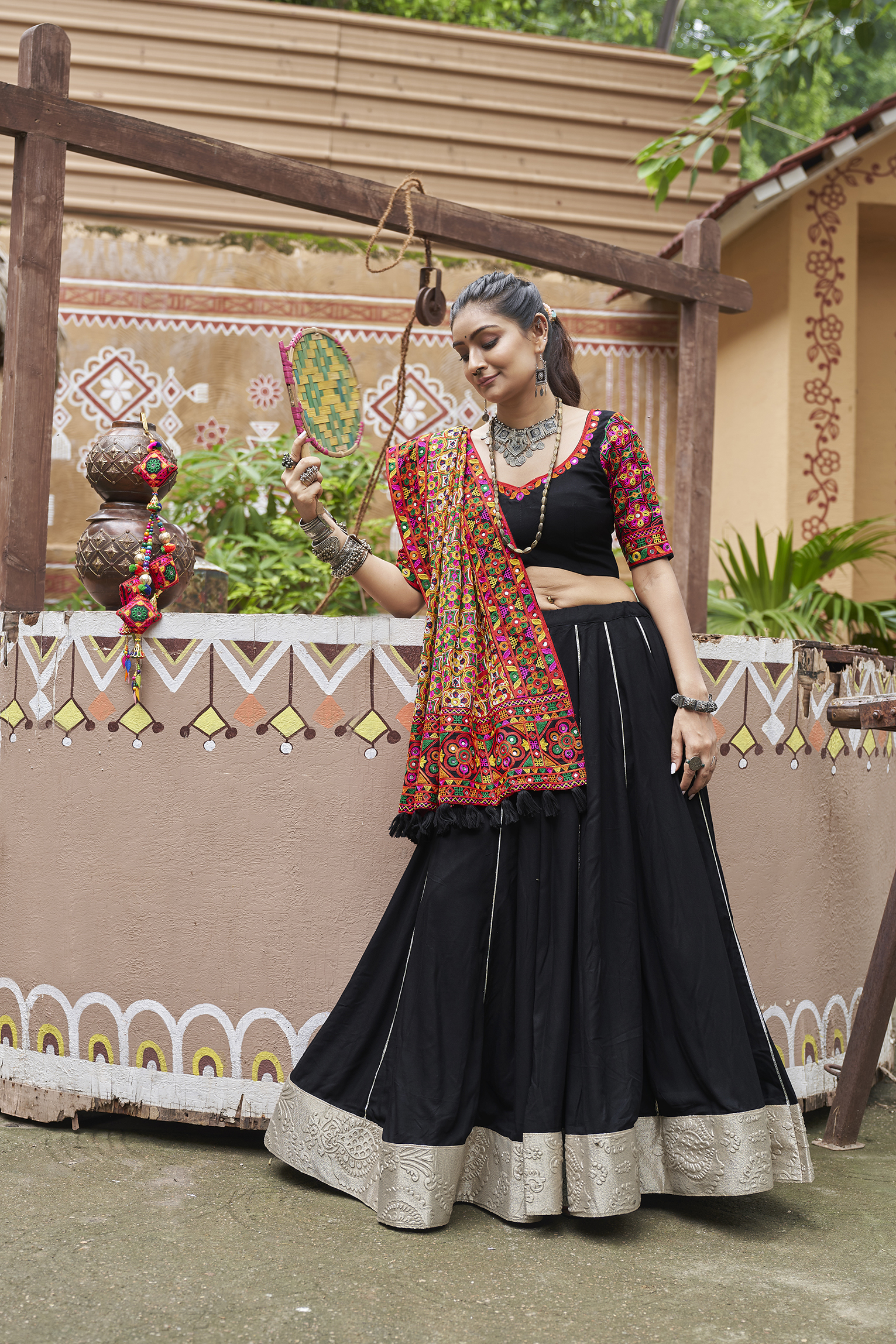Black Thread Embroidered Viscose Rayon Lehenga