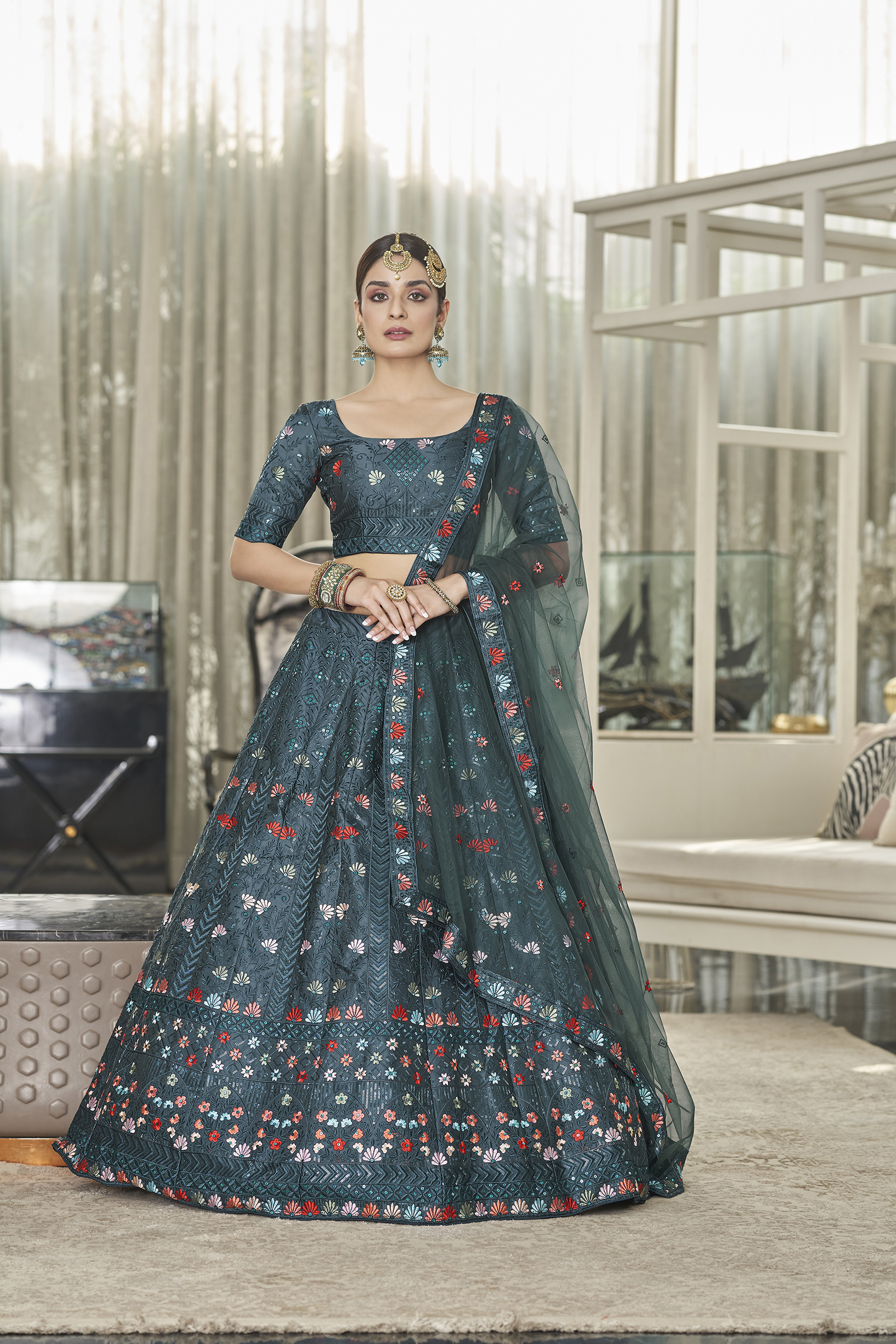 Teal Designer Silk Floral Embroidered Semi Stitched Lehenga With Unstitched Blou