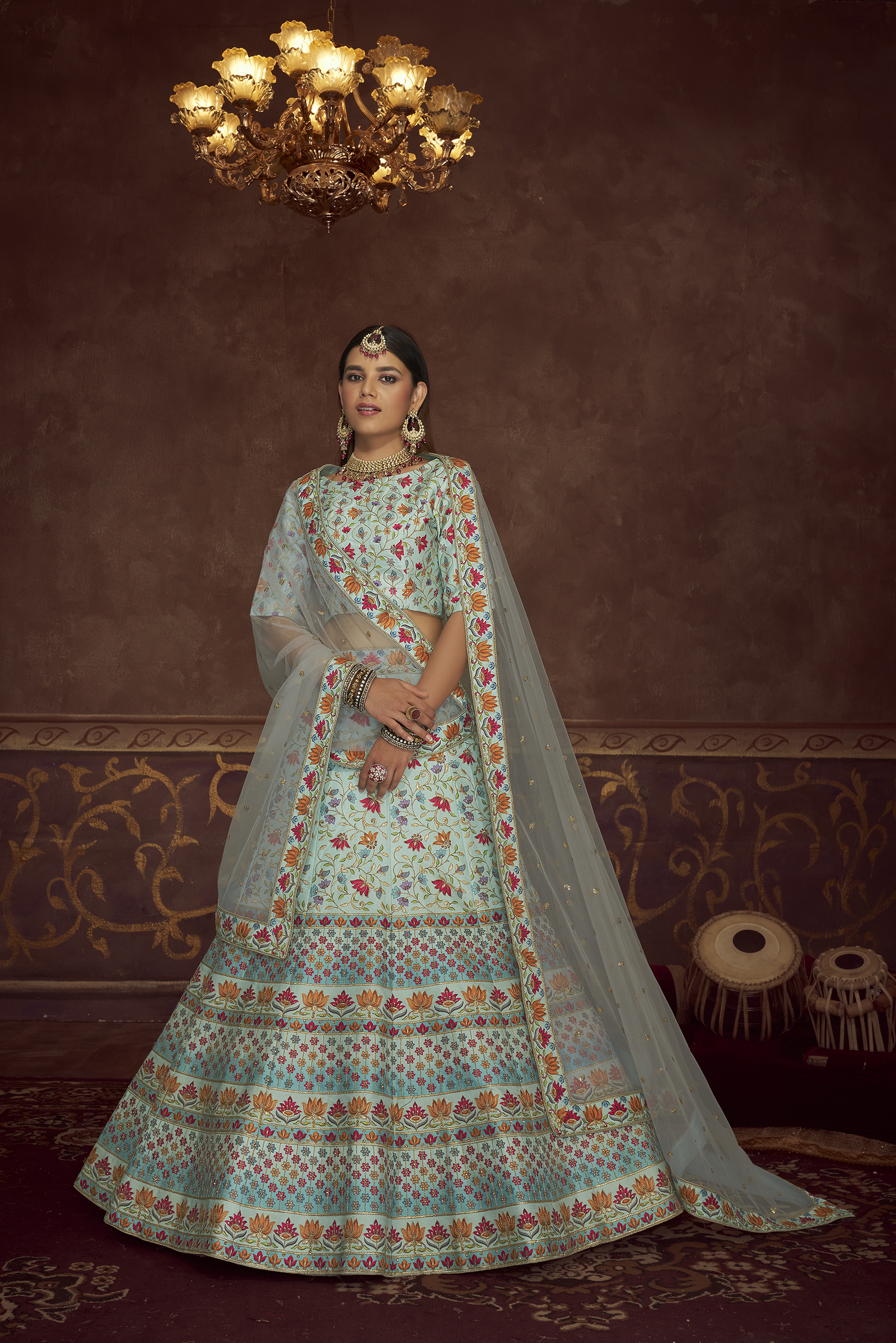 Blue Floral  Printed Lehenga Choli With Dupatta