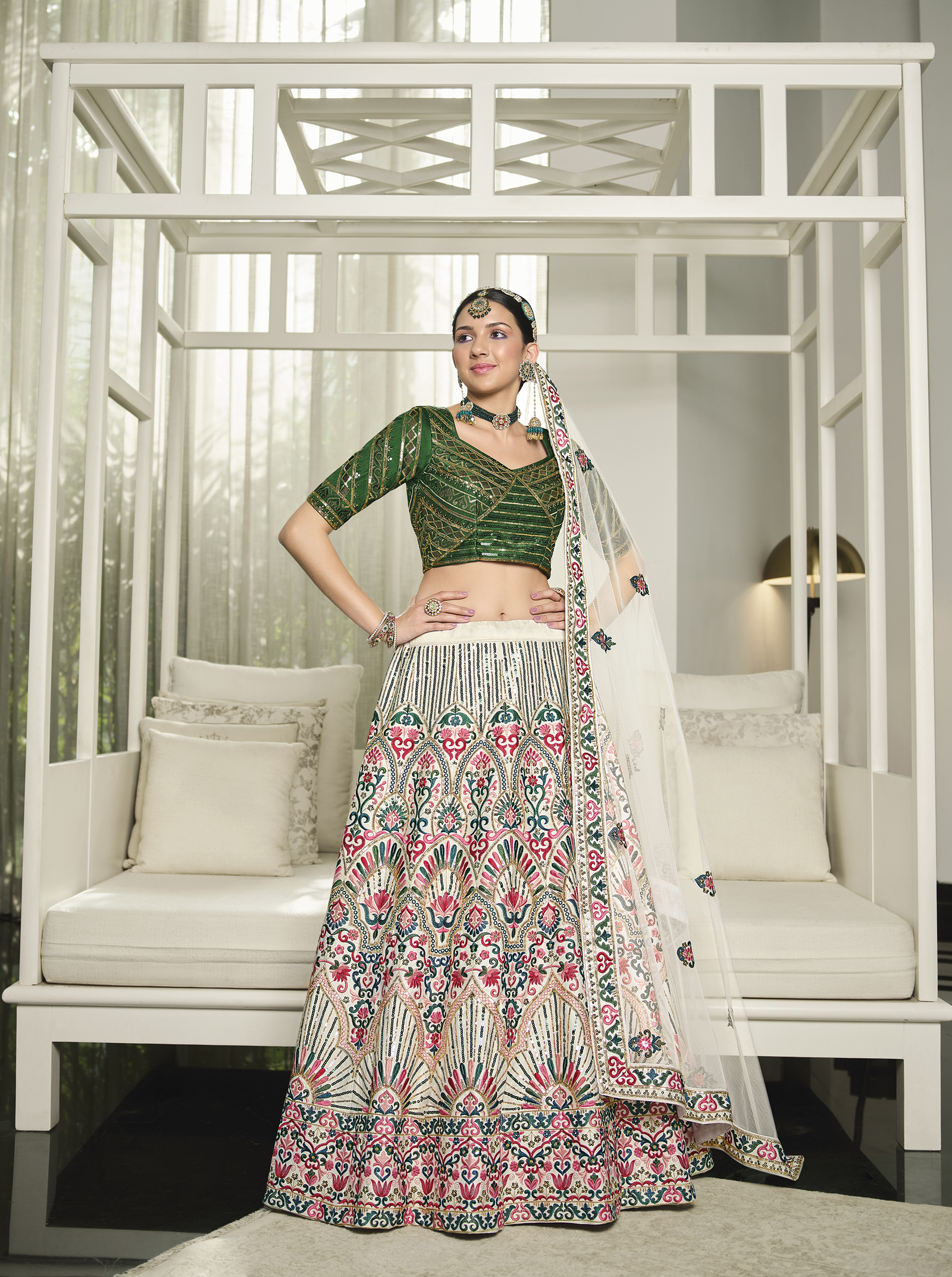 Wedding Wear Embroidery Green and white silk lehenga choli with net dupatta