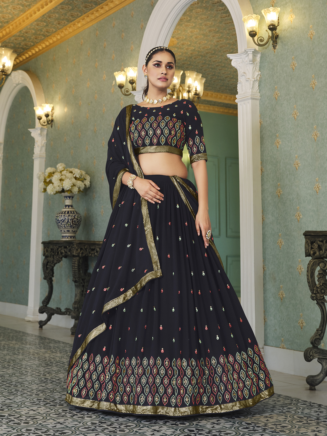 Deep Navy Blue Embroidered Georgette Lehenga Choli