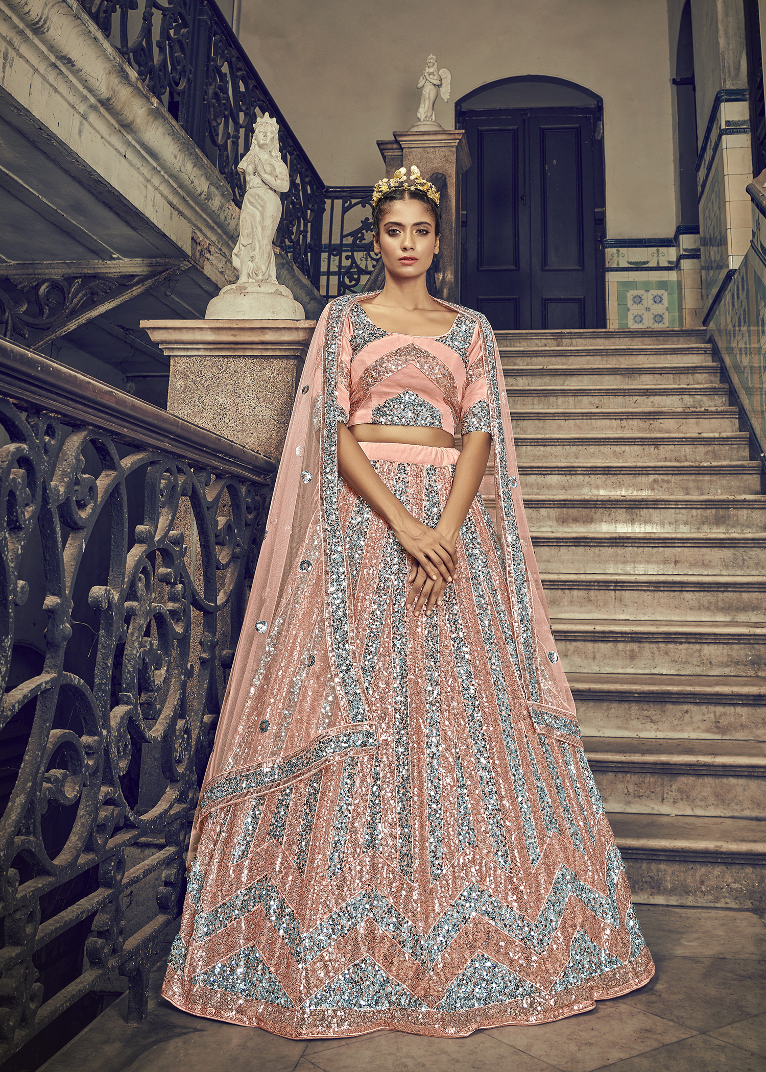 Graceful peach net embroidered choli blouse with lehenga ghagra with dupatta