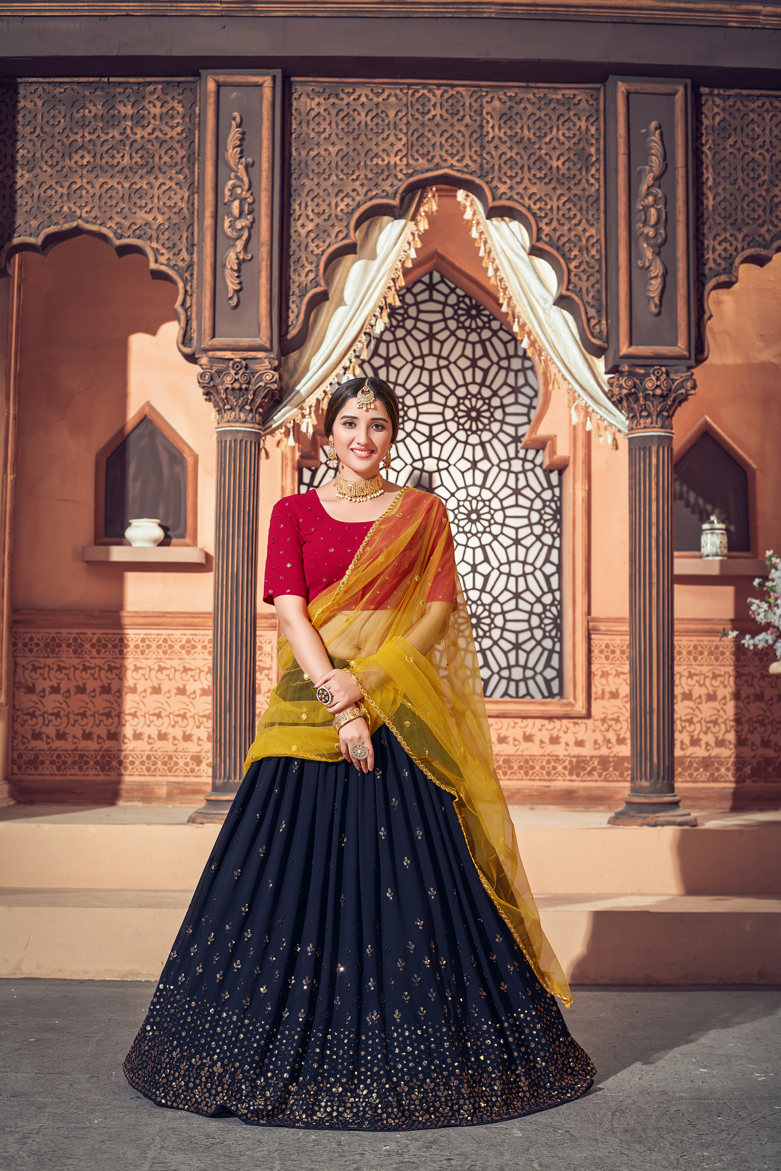 Navy Blue Georgette Sequins Work Lehenga Choli