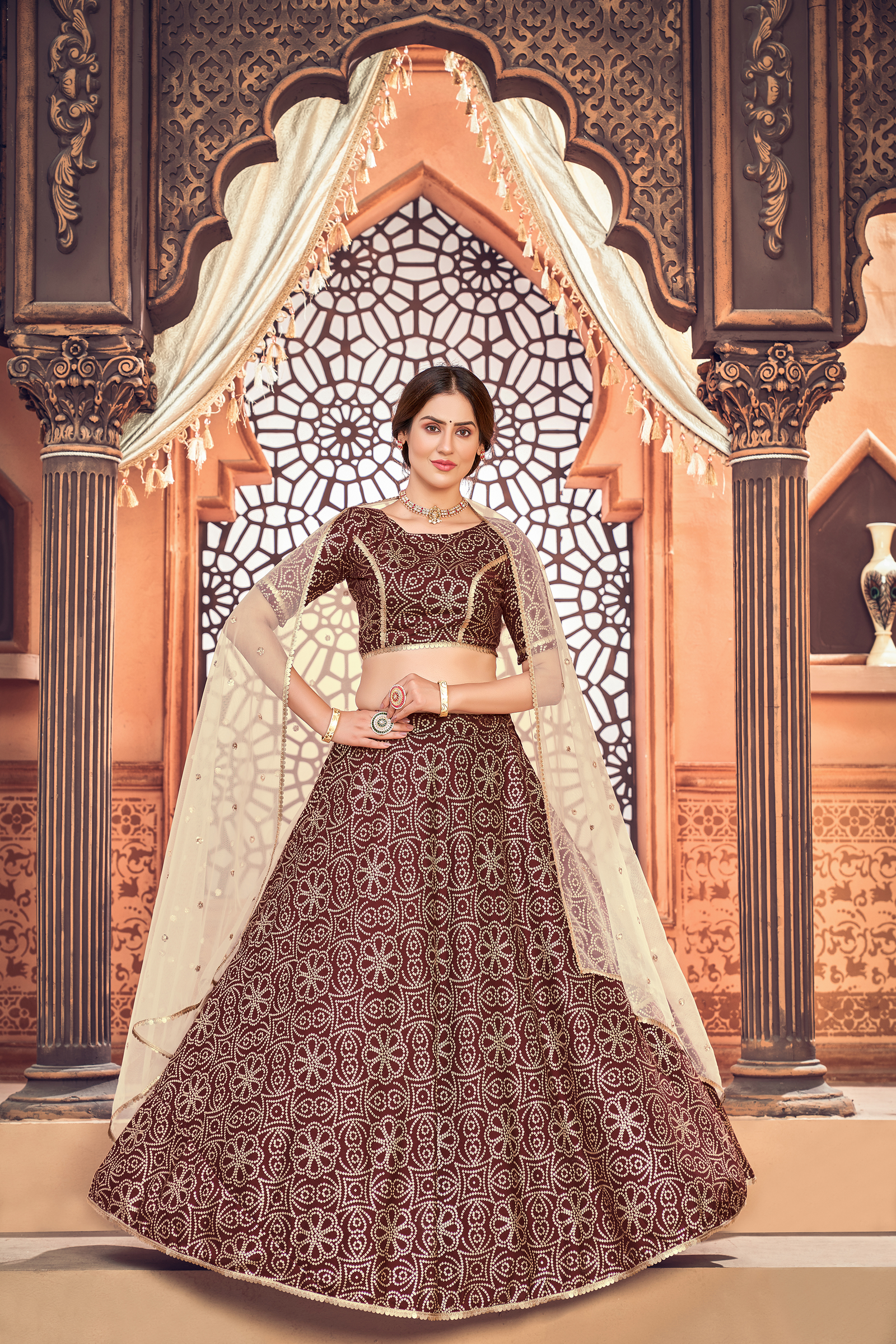 Maroon Metallic Foil Printed Taffeta Silk Festive Lehenga Choli