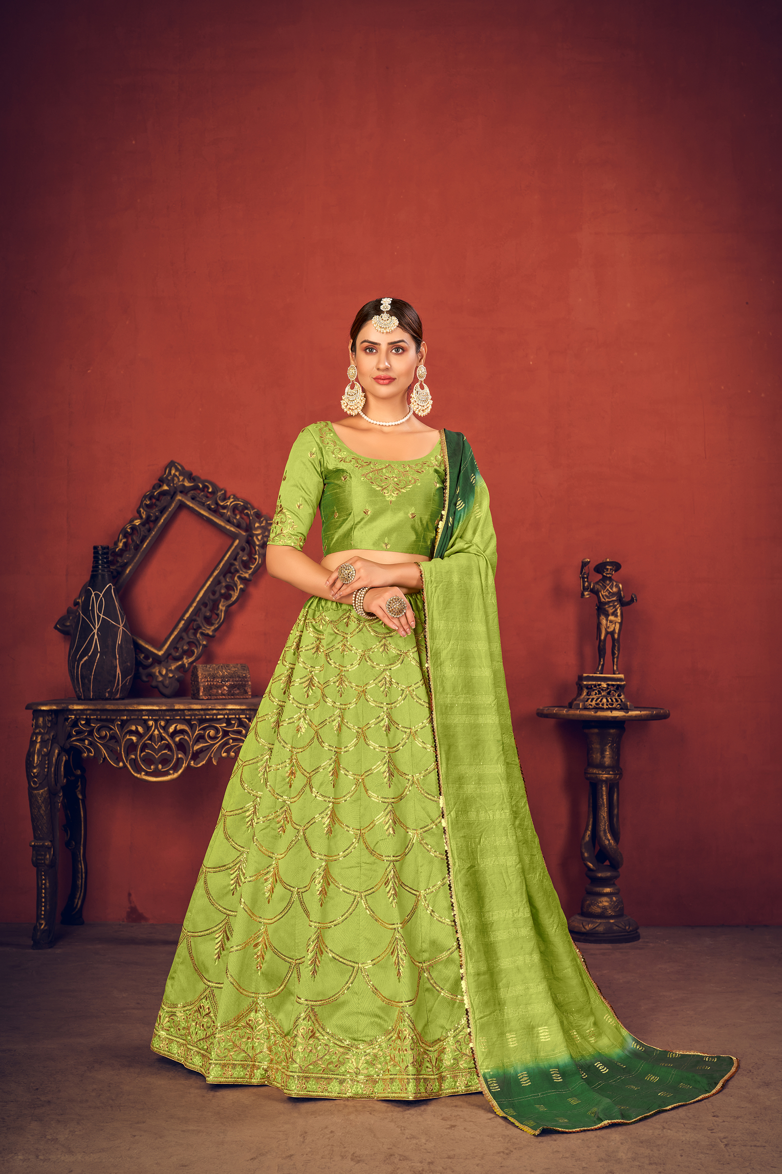 Beautiful green art silk lehenga choli set with dupata