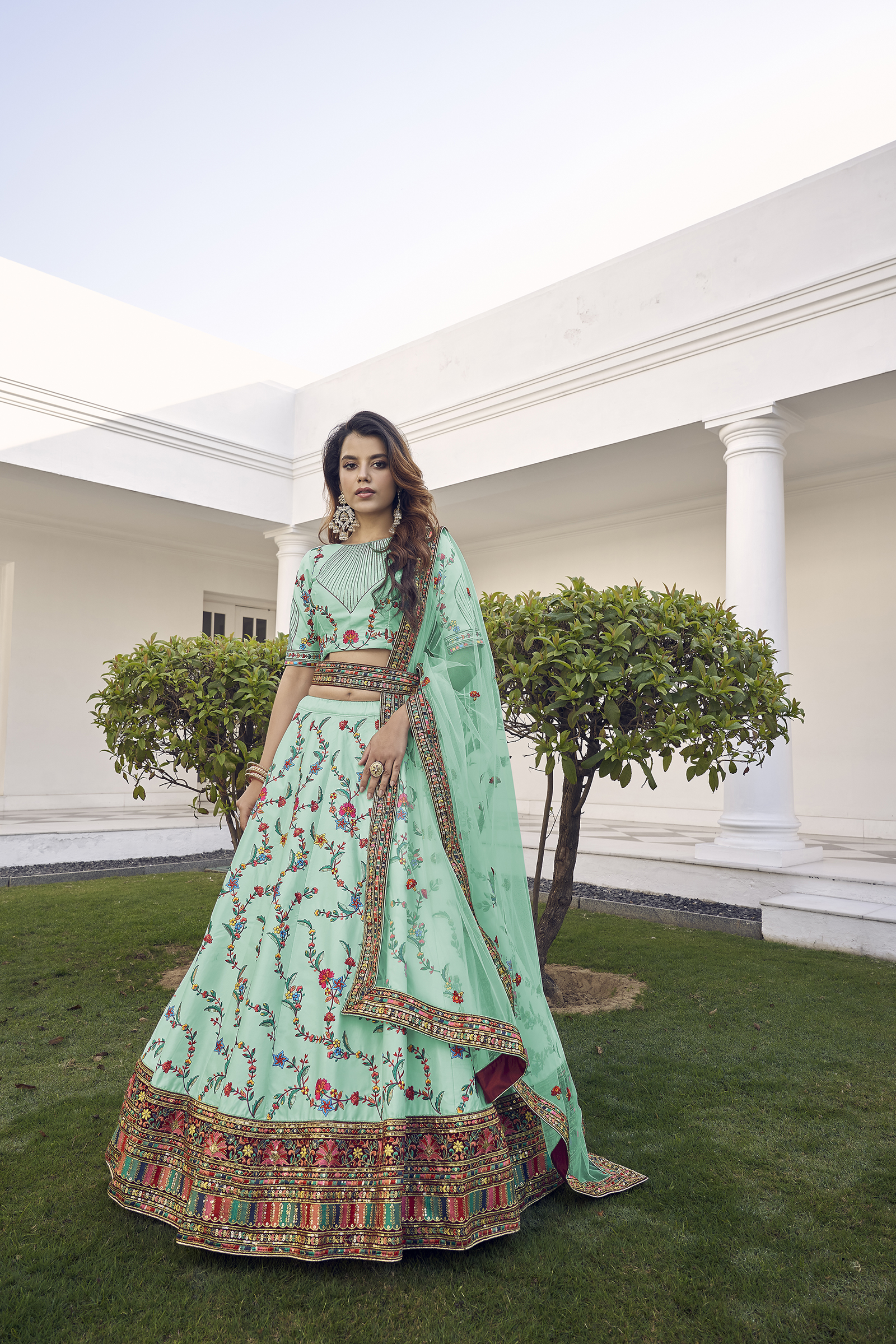 Sea Green Embroidered Sequined Lehenga With Dupatta