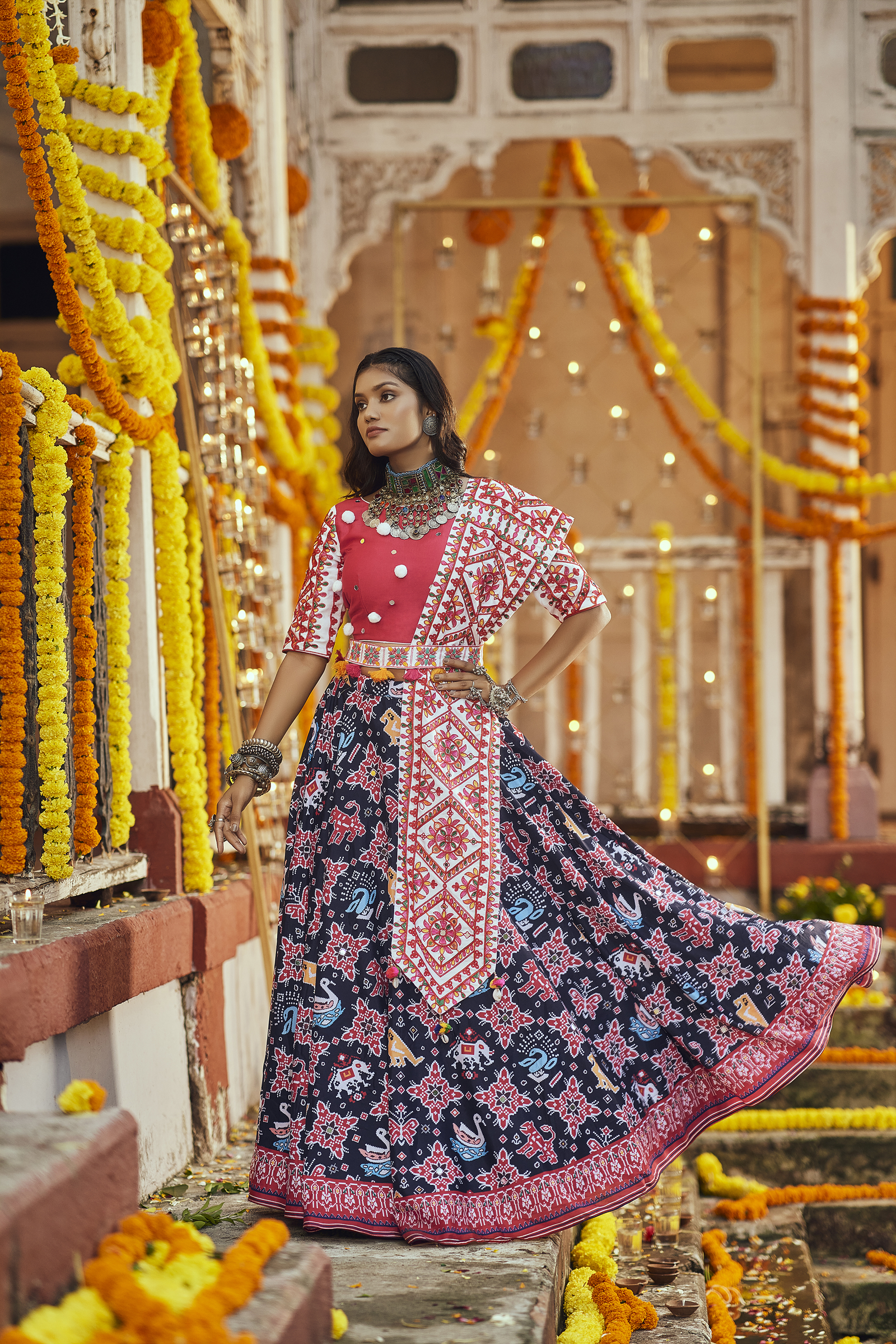 Navratri Special Black With Deep Pink Digital Print Traditional Lehenga With Kot