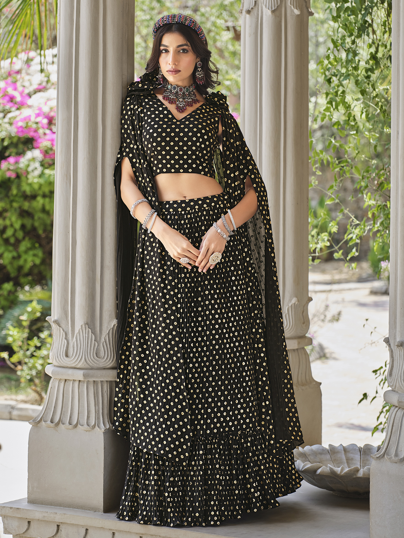 Black Georgette Party Wear Foil Printed Lehenga Choli