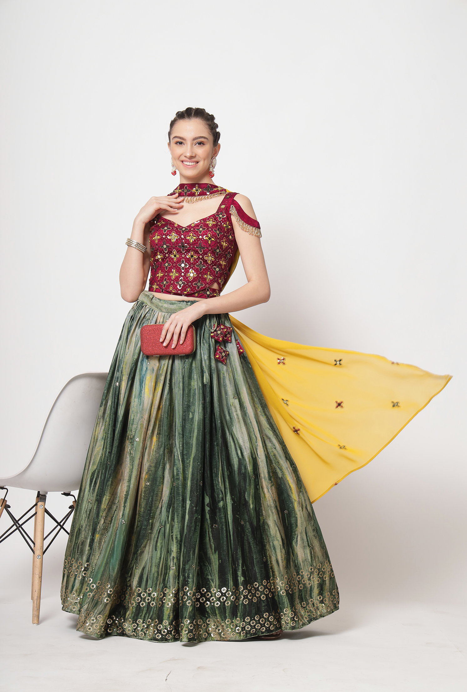 Olive Green Maroon &Yellow Silk Printed &Embelished Lehenga Set
