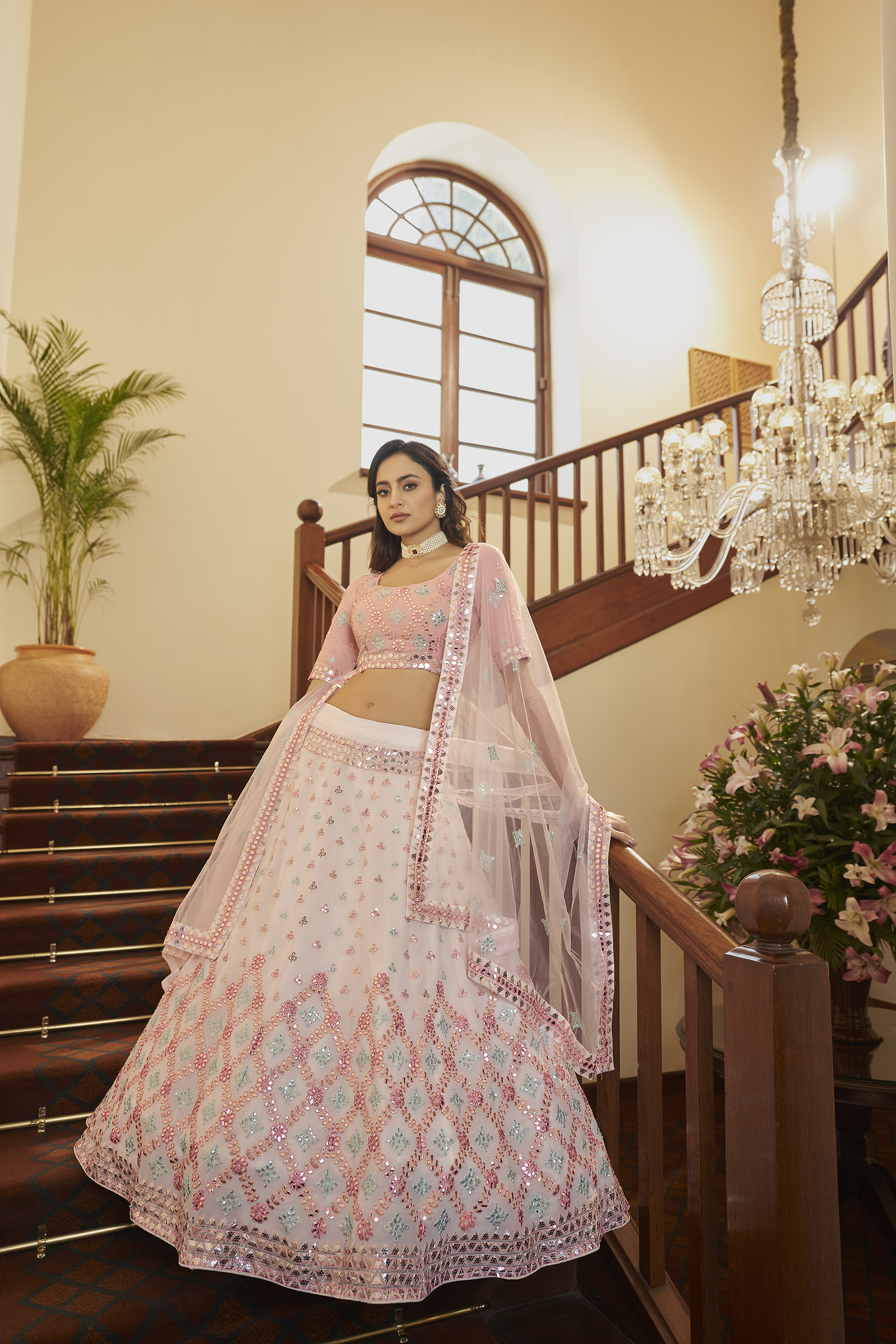 Pearl White Pink Sangeet Lehenga Choli
