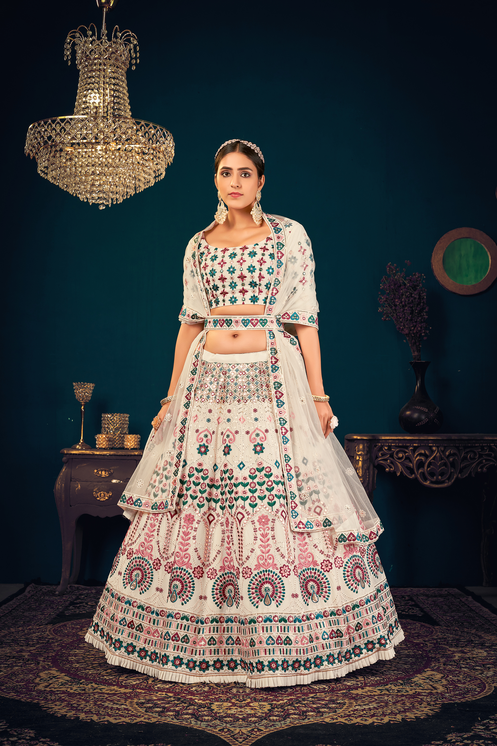 Off-White Lehenga Choli For Women, Ready To Wear Custom Size Lehenga Choli, Desi