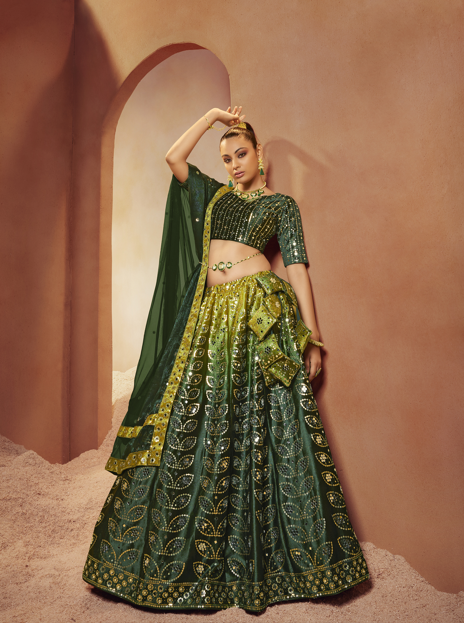 Green Velvet Circular Lehenga Choli