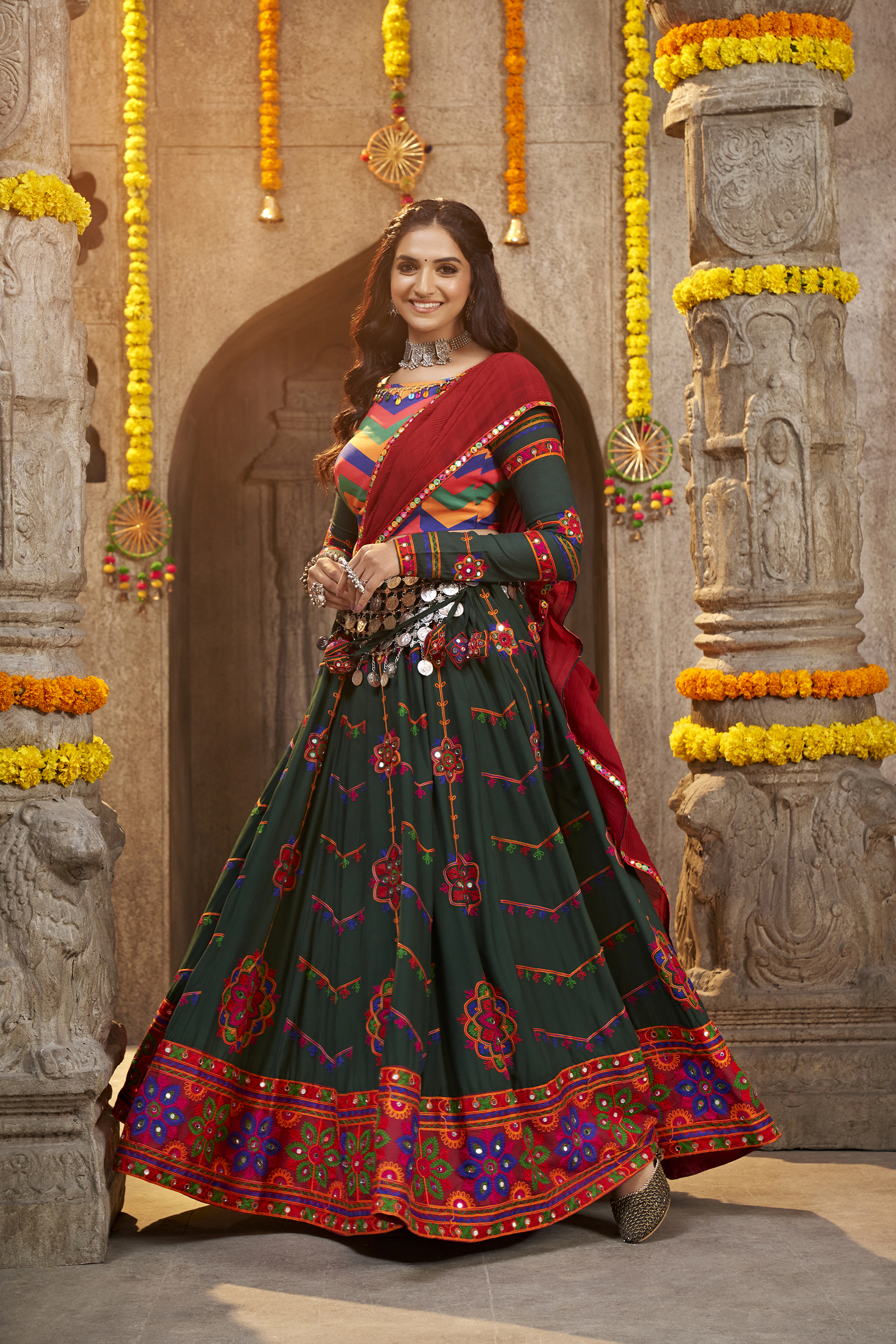 Embroidery Machine Green Embroidered Perfect Beautiful Navratri Special Chaniya