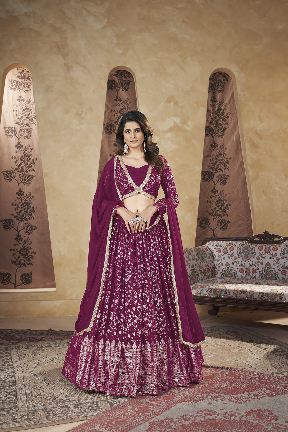 Rani pink pigment foil work georgette designer wedding party wear festival stitc