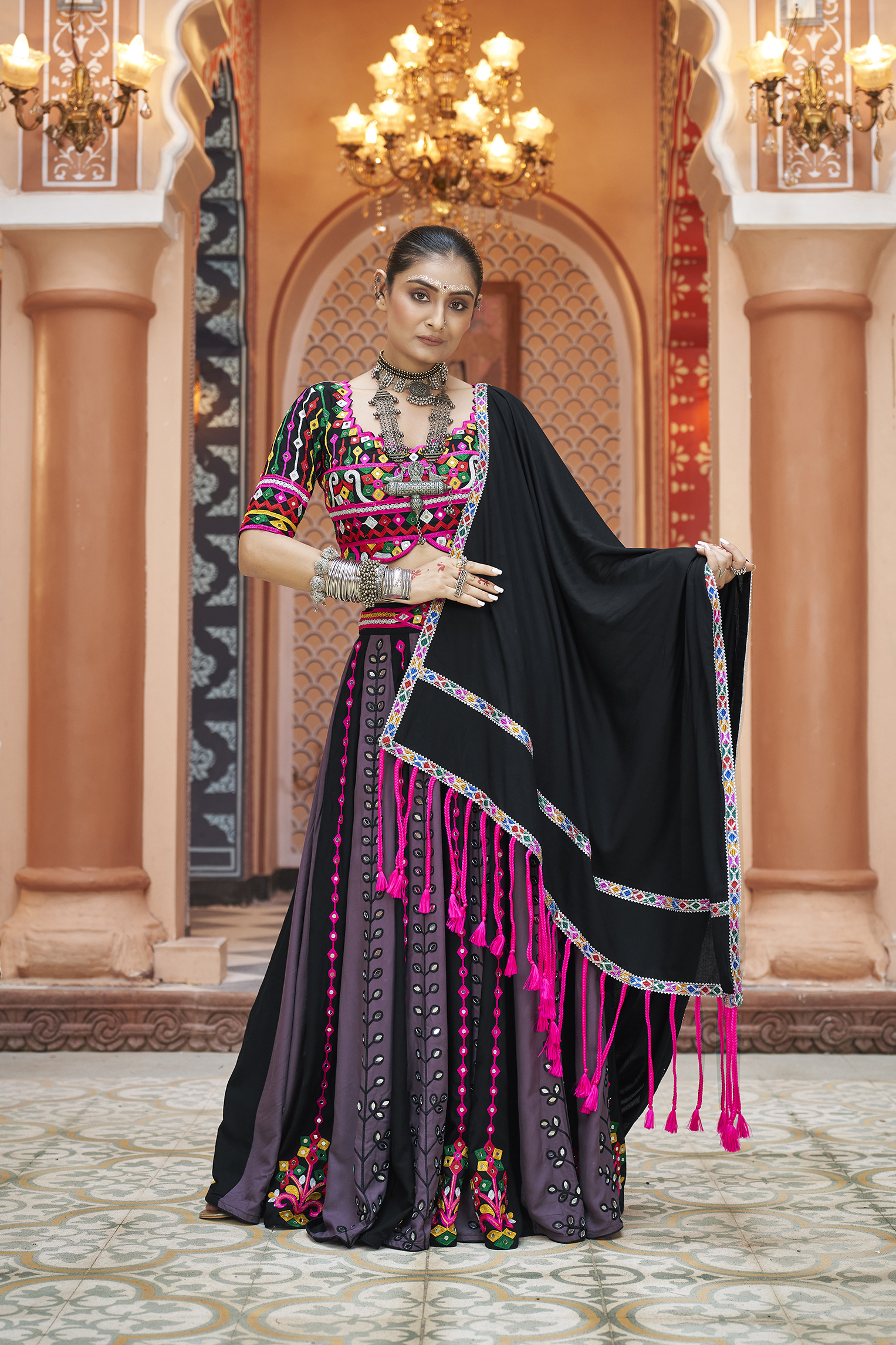 Multicoloured rayon threadwork chaniya choli