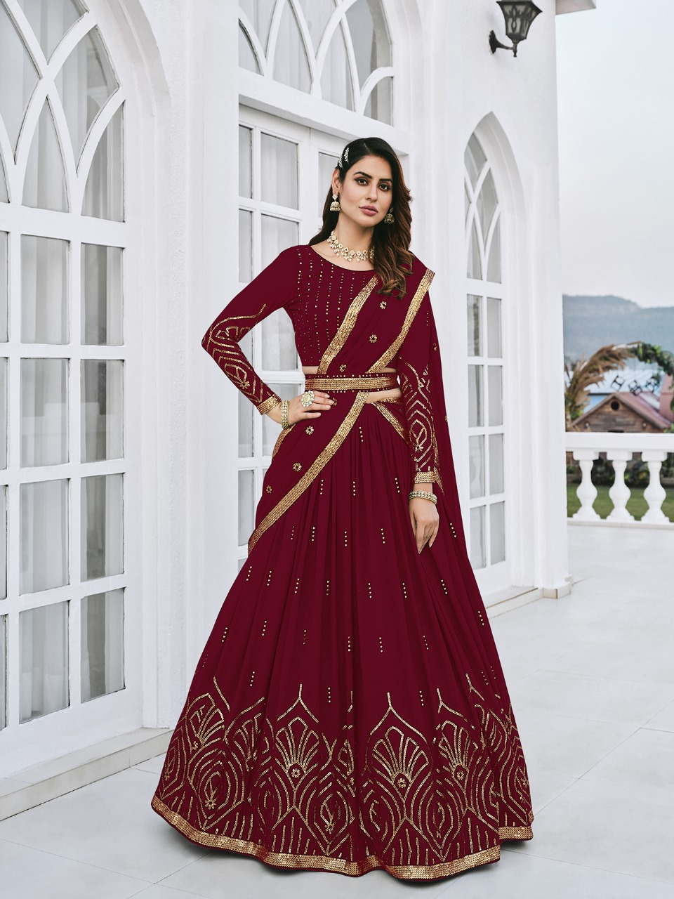 Maroon thread and sequins embroidered georgette festive & party wear semi stitch