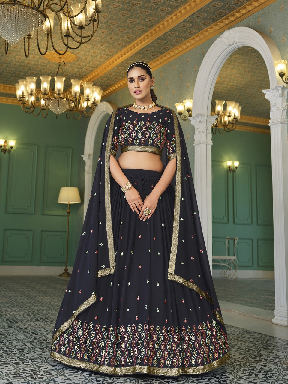 Deep Navy Blue Embroidered Georgette Lehenga Choli