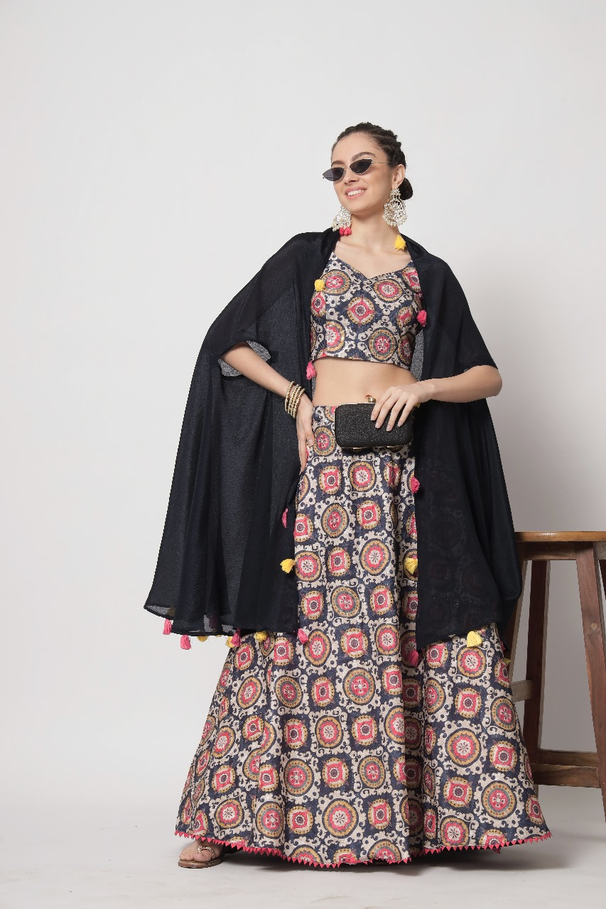 Chinon Silk Printed Navy-Blue Lehenga Choli with Latkan Shrug